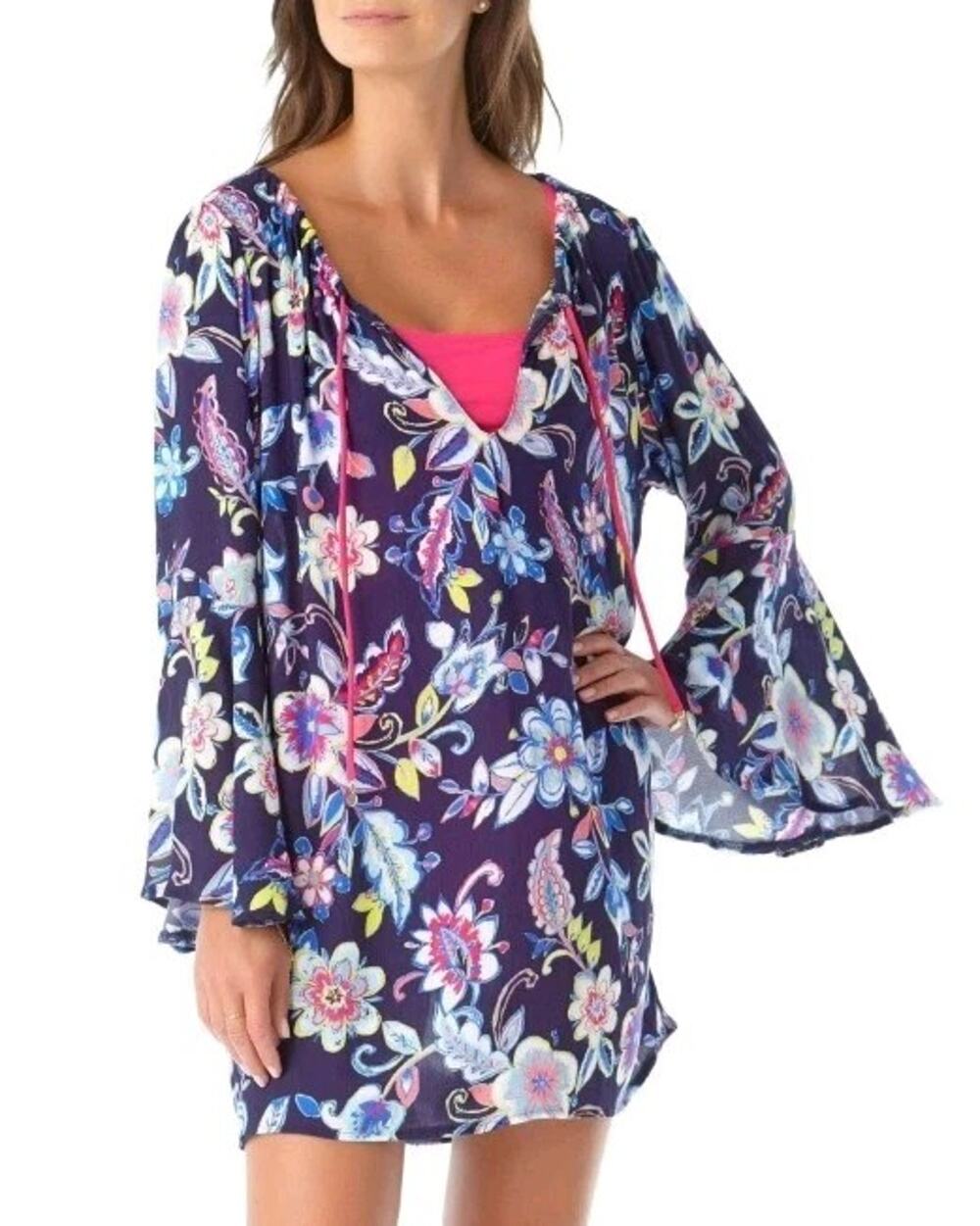 Anne Cole Floral Bell Sleeve Dress XS Resort Coastal Boho Travel